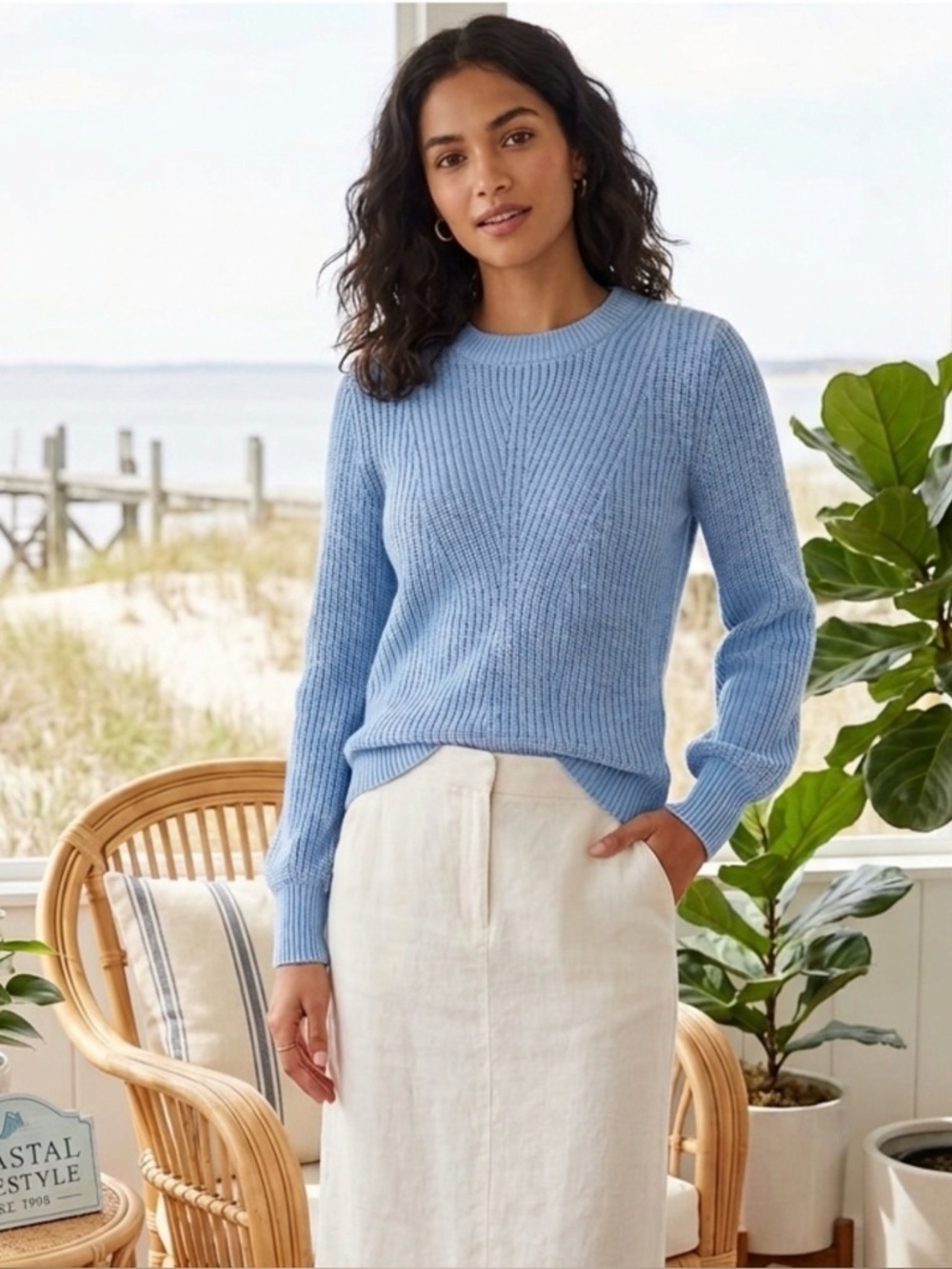 LOFT Coastal Grandma Blue Ribbed Blouson Sleeve Crewneck Knit Sweater NWT XS